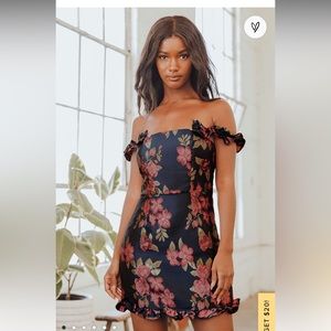 Lulus Jacquard navy blue floral mini dress w ruffle strap